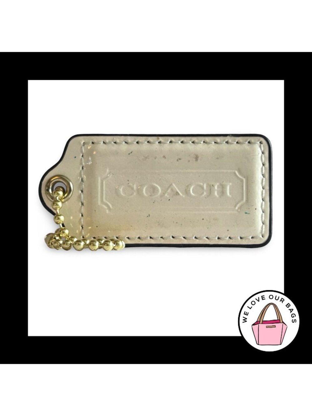 COACH HANG TAG 2.5" Cream Off White Patent Leather Bag Charm Keychain Fob Brass